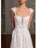 Beaded Ivory Lace Tulle Floral Wedding Dress With Detachable Cap Sleeves